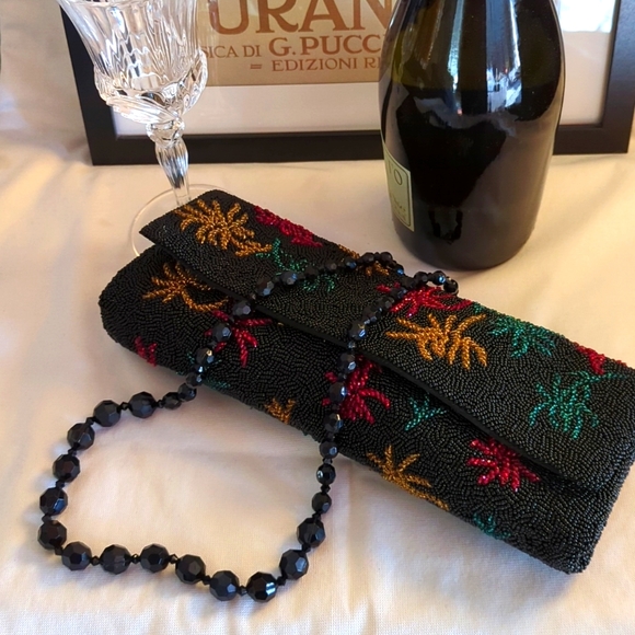 Vintage Black Beaded Evening Baguette Clutch Purse w/ Red, Gold and Green Detail - Picture 1 of 10